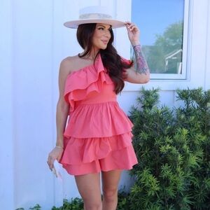 Do + Be One Shoulder Ruffle Shorts Romper Coral Sz Medium NWT